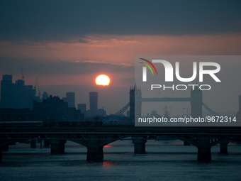 Sunset in London, United Kingdom, with London Bridge in the background, on March 2, 2023. (