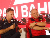 Christian Horner and Frederic Vasseur during the press conference ahead of the Formula 1 Bahrain Grand Prix at Bahrain International Circuit...