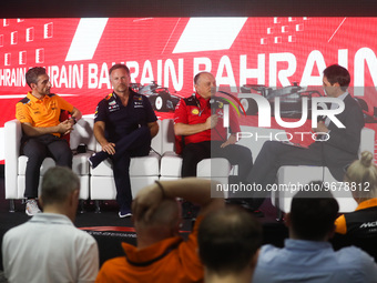 Andrea Stella, Christian Horner and Frederic Vasseur during the press conference ahead of the Formula 1 Bahrain Grand Prix at Bahrain Intern...
