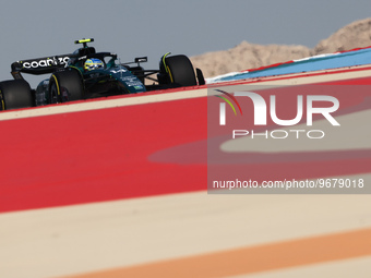 Fernando Alonso of Aston Martin Aramco during the first practice ahead of the Formula 1 Bahrain Grand Prix at Bahrain International Circuit...