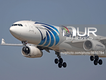 Airbus A330-343, from Egyptair company, landing at Barcelona airport, in Barcelona, on 03th March 2023.(