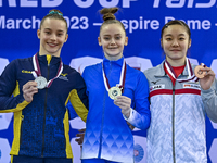 Gold medalist Anna Lashchevska (C) of Ukraine, silver medalist Nathalie Westlund (L) of Sweden and bronze medalist Mikako Serita (R) of Japa...