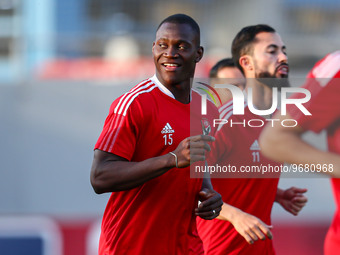 Aliou Diang of Al Ahly is reacting during the last training in preparation for the Cotton sport match scheduled for this evening at Al-Salam...