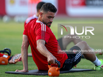Yasser ibrahiem of Al Ahly is reacting during the last training in preparation for the Cotton sport match scheduled for this evening at Al-S...