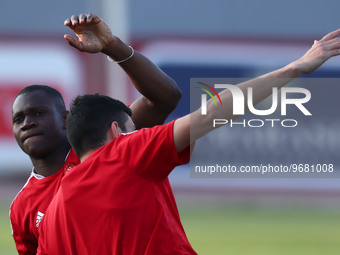 Aliou diang of Al Ahly is reacting during the last training in preparation for the Cotton sport match scheduled for this evening at Al-Salam...