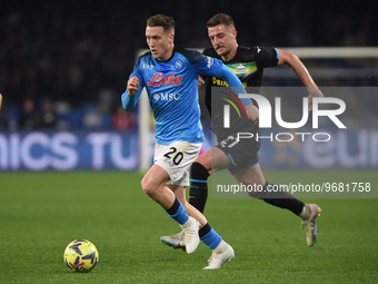 Sergej Milinkovic-Savic of SS Lazio competes for the ball with Piotr Zielinski of SSC Napoli during the Serie A TIM match between SSC Napoli...