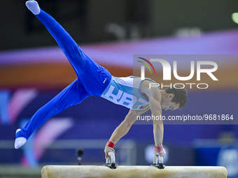  Ilyas Azizov of Kazakistan competes during the men's pommel horse final at the 15th FIG Artistic Gymnastics World Cup in Doha, Qatar, on 03...