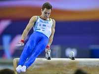  Ilyas Azizov of Kazakistan competes during the men's pommel horse final at the 15th FIG Artistic Gymnastics World Cup in Doha, Qatar, on 03...