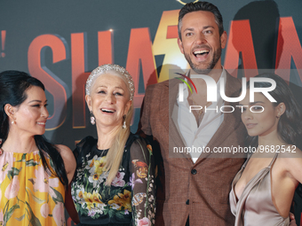  (L-R) Lucy Liu, Helen Mirren, Zachary Levi, Rachel Zegler attend the premiere for ''Shazam! Fury Of The Gods'' at The Space Cinema Moderno...
