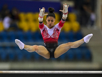  Jana Mahmoud of Egypt competes during the women's uneven bars Final at the 15th FIG Artistic Gymnastics World Cup in Doha, Qatar, on 03 Mar...