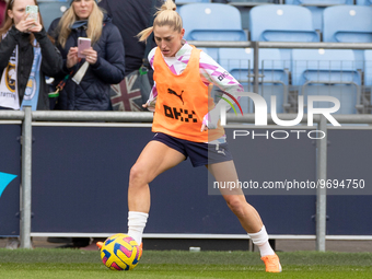 Laura Coombs #7 of Manchester City warms up during the Barclays FA Women's Super League match between Manchester City and Tottenham Hotspur...