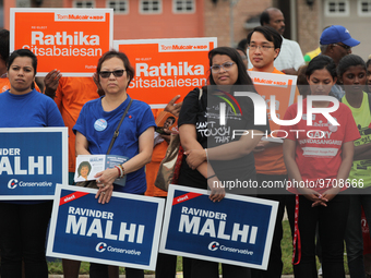 Supporters of Canada's main federal parties rally at a public event to show their support in Scarborough, Ontario, Canada. The federal elect...