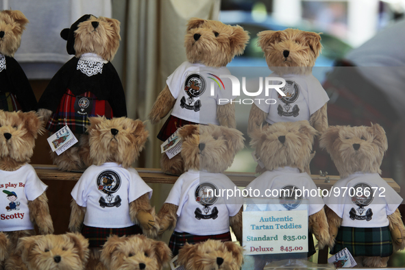 Scottish teddy bears wearing kilts displayed in Uxbridge, Ontario, Canada. 