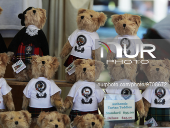 Scottish teddy bears wearing kilts displayed in Uxbridge, Ontario, Canada. (