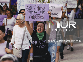 March 8, 2023, Playa del Carmen, Mexico: Women join the march to commemorate International Women's Day on Fifth Avenue. on March 8, 2023 in...