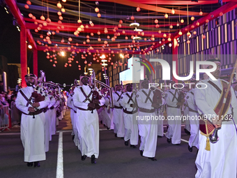 Qatari marching band performing during perform global street art performances as part of the Darb Lusail Parade on the final day at Lusail B...