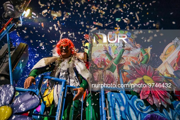 A general view of a float during the first masked course for the 150th edition of the Carnival of Viareggio on February 4, 2023 in Viareggio...
