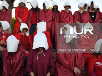 Israeli protesters wearing costumes from ''The Handmaid's Tale'' particiapte in a rally against Israeli Goverment's judicial overhaul bills...
