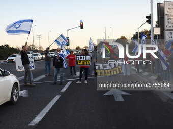 Israeli protesters rally against Israeli Goverment's judicial overhaul bills in the Haogen Junctions on March 16, 2023.  (