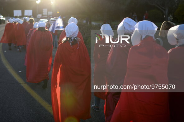 Israeli protesters wearing costumes from ''The Handmaid's Tale'' particiapte in a rally against Israeli Goverment's judicial overhaul bills...