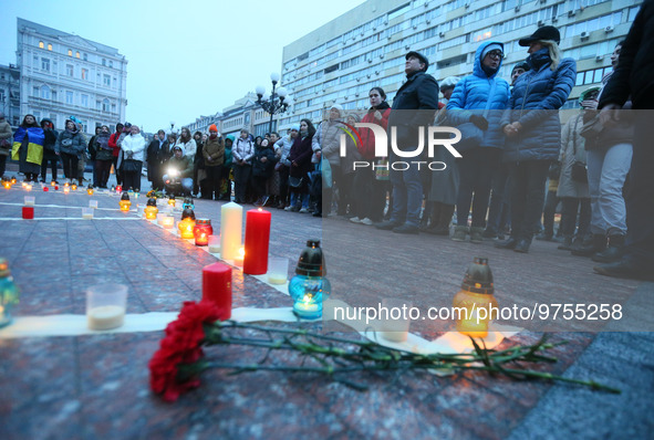 Ukrainians, including residents of Mariupol, who fled during the war from their hometown, take part a memorial commemorative rally for peopl...