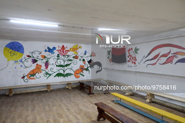 CHYHYRYN, UKRAINE - MARCH 15, 2023 - Drawings cover the walls in the bomb shelter set up by the students and teachers of Chyhyryn Lyceum N2,...