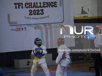 Students are participating in a Taekwondo tournament (Taekwondo Focus Indonesia) challenge in Bogor, West Java, Indonesia on March 18, 2023....