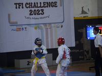 Students are participating in a Taekwondo tournament (Taekwondo Focus Indonesia) challenge in Bogor, West Java, Indonesia on March 18, 2023....