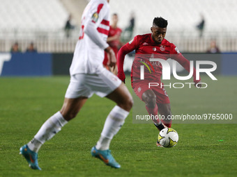 Anayo Iwuala of CR Belouizdad (R) fights for the ball during the 2023 CAF Champions League football match between CR Belouizdad of Algeria a...