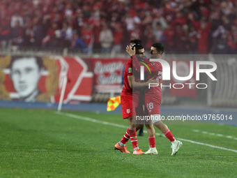 Zakaria Draoui of CR Belouizdad (L) celebrates after scoring a Goal, during the 2023 CAF Champions League soccer match between CR Belouizdad...