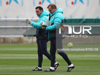 Xavi Hernandez and Oscar Hermandez during the training session held at the Ciutat Esportiva Tito Vilanova, prior to the league match against...