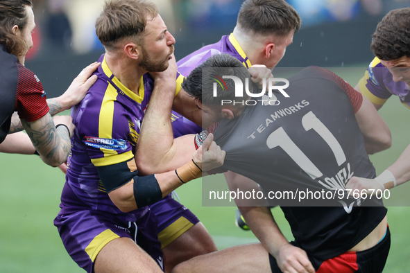 Jack Miller of Newcastle Thunder tackles William Lovell of London Broncos during the BETFRED Championship match between Newcastle Thunder an...