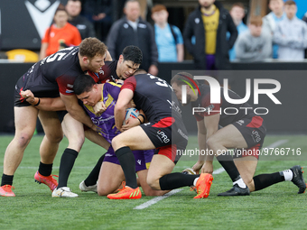 Mitch Clark of Newcastle Thunder is tackled during the BETFRED Championship match between Newcastle Thunder and London Broncos at Kingston P...