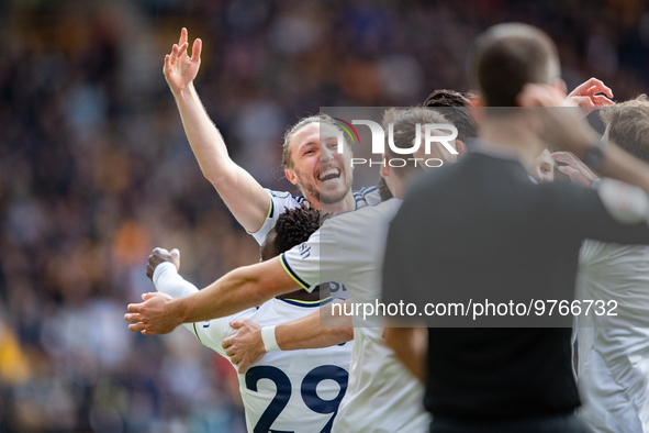 Leeds United's Luke Ayling celebrates scoring their side's second goal of the game during the Premier League match between Wolverhampton Wan...