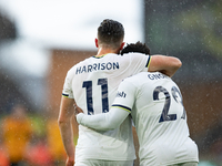 Leeds United's Jack Harrison (L) and Leeds United's Wilfried Gnonto celebrate scoring their side's first goal of the gameduring the Premier...