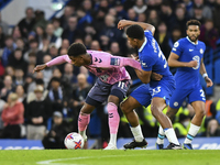 Demarai Gray of Everton battles for possession with Wesley Fofana of Chelsea during the Premier League match between Chelsea and Everton at...