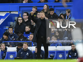 Chelsea manager Graham Potter shouts instructions to his players during the Premier League match between Chelsea and Everton at Stamford Bri...