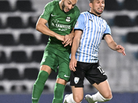 Murad Naji Hussein (R) of Al Wakrah SC and Sofiane Hanni (L) of Al Ahli SC battle for the ball during the QNB Stars League match between Al...