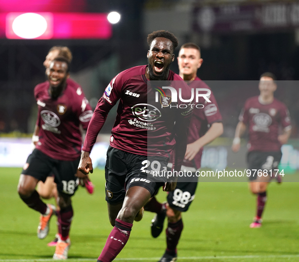 Boulaye Dia of Us Salernitana celebrate the goal during the  Serie A match between Us Salernitana 1919 and Bologna Fc on March 18, 2023 stad...