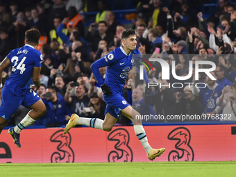 Kai Havertz of Chelsea celebrates after scoring his team's second goal during the Premier League match between Chelsea and Everton at Stamfo...