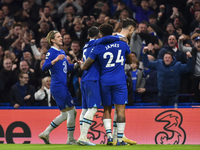 Kai Havertz of Chelsea celebrating with Reece James of Chelsea and Conor Gallagher of Chelsea after scoring his team's second goal during th...