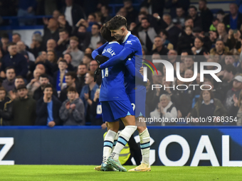 Kai Havertz of Chelsea celebrating with Joao Felix of Chelsea after scoring his team's second goal during the Premier League match between C...