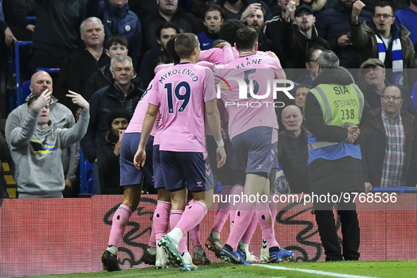 Everton players celebrating the team's second goal during the Premier League match between Chelsea and Everton at Stamford Bridge, London on...
