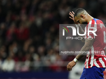 Memphis Depay centre-forward of Atletico de Madrid and Netherlands lament a failed occasion during the La Liga Santander match between Atlet...