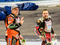 Czech riders on the parade, Lukas Hutla (212) (left) and Andrej Divis (107)  during the Ice Speedway Gladiators World Championship Final 1 a...