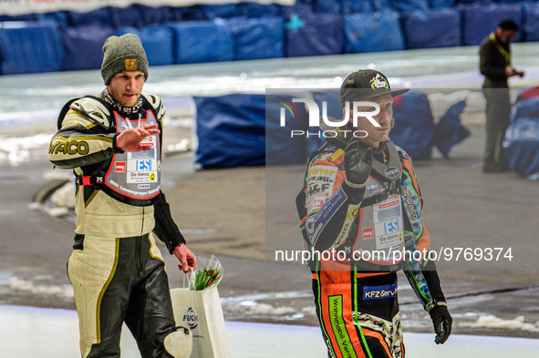 Franz Mayerbuchler (93) (left) and Markus Jell (82) on the pre-meeting parade during the Ice Speedway Gladiators World Championship Final 1...