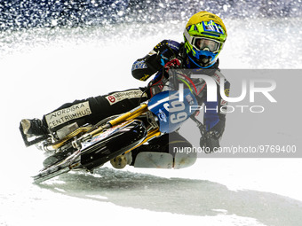 Martin Haarahiltunen (199) in action during the Ice Speedway Gladiators World Championship Final 1 at Max-Aicher-Arena, Inzell, Germany on S...