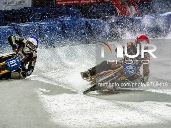 Markus Jell (82) (Red) inside Jimmy Olsen (81) (Blue) during the Ice Speedway Gladiators World Championship Final 1 at Max-Aicher-Arena, Inz...