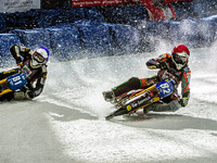 Markus Jell (82) (Red) inside Jimmy Olsen (81) (Blue) during the Ice Speedway Gladiators World Championship Final 1 at Max-Aicher-Arena, Inz...