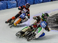 Andrej Divis (107) (White) leads Sebastian Reitsma (283) (Blue) during the Ice Speedway Gladiators World Championship Final 1 at Max-Aicher-...